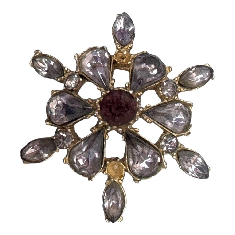 Vintage Rhinestone Floral Snowflake Brooch Pin Garnet Purple & Clear Stones READ